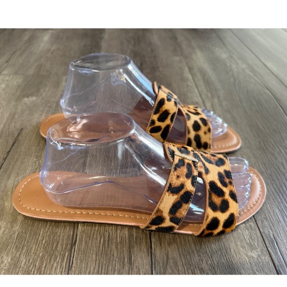J.Crew Womens Leopard Print Calf Hair Slide Sandals Brown Tan Size 11 H-Strap - Picture 3 of 5